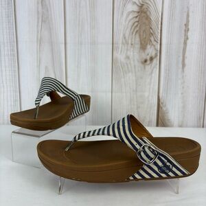 FitFlop The Skinny Sandals Nautical Striped Canvas Thong Shoe Blue White Size 11
